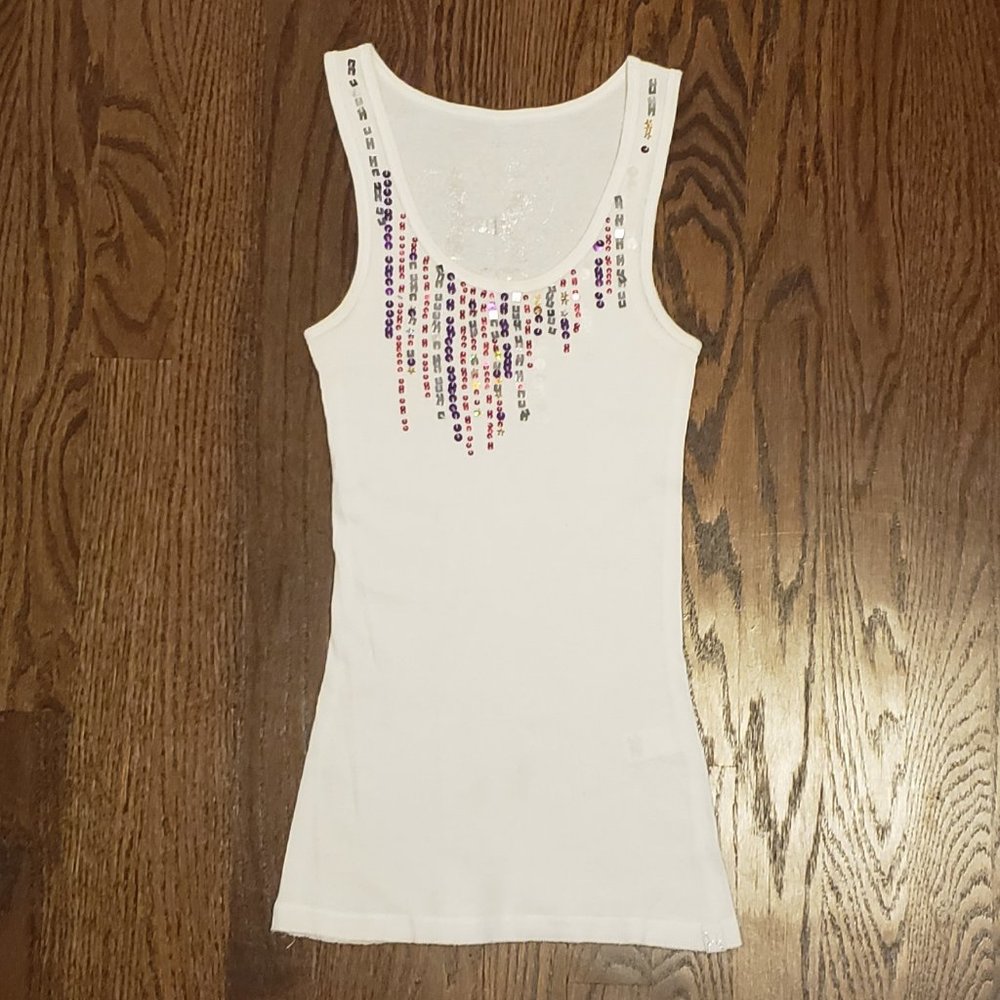 White tank top with multi-colored sequins.  Size XS.